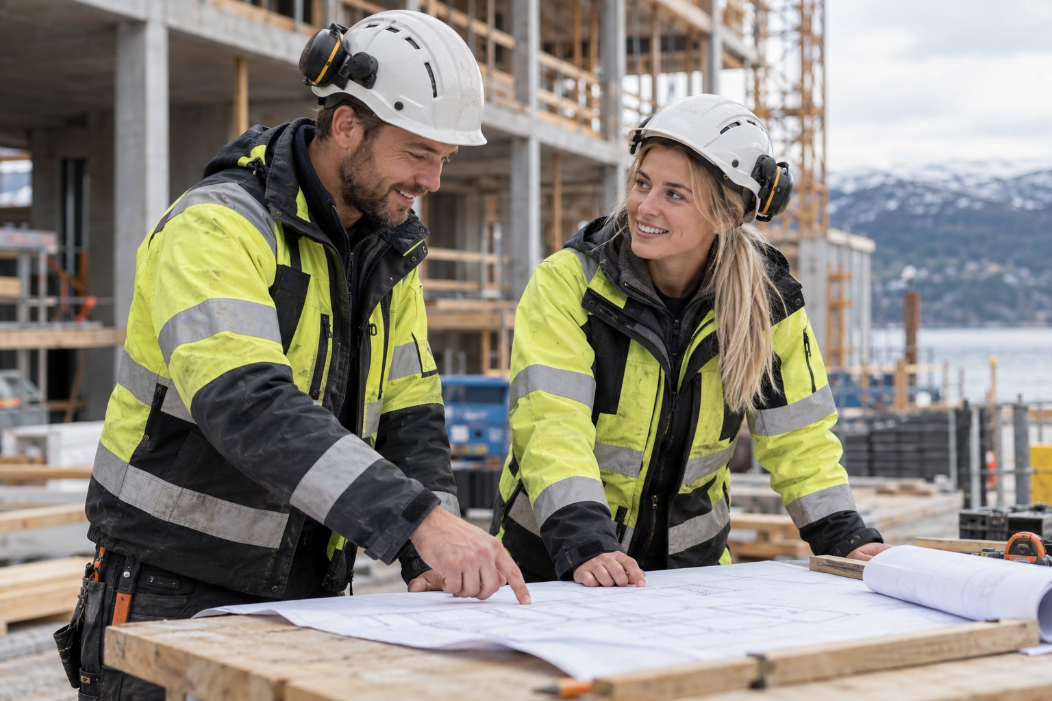 To fagarbeidere diskuterer tegninger på en byggeplass